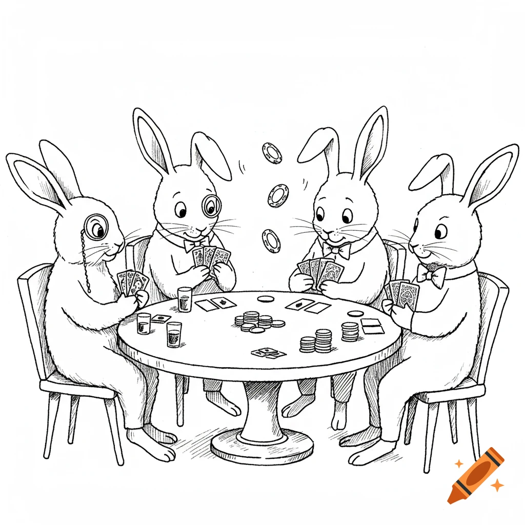 Four anthropomorphic rabbits playing poker around a table, one with a monocle, in a black and white line drawing.