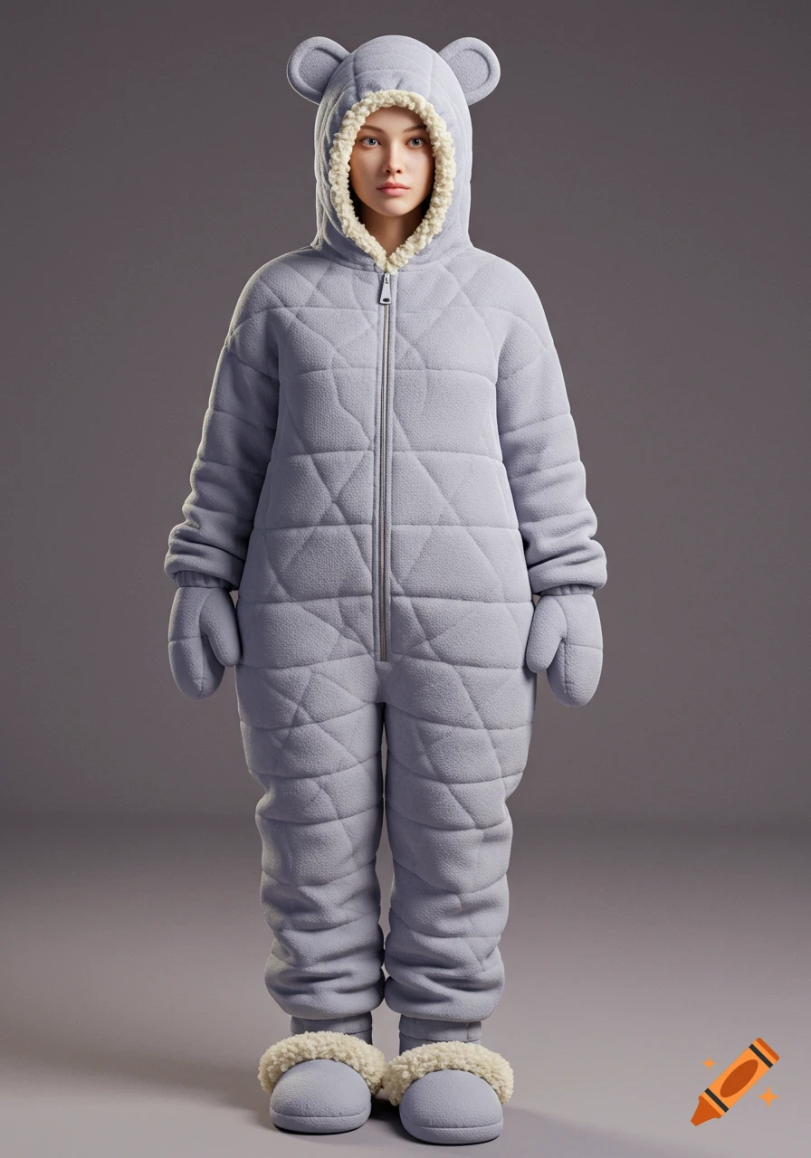 A person in a full-body, light gray, quilted fleece comfort suit with bear ears, mittens, and fur-lined slippers.