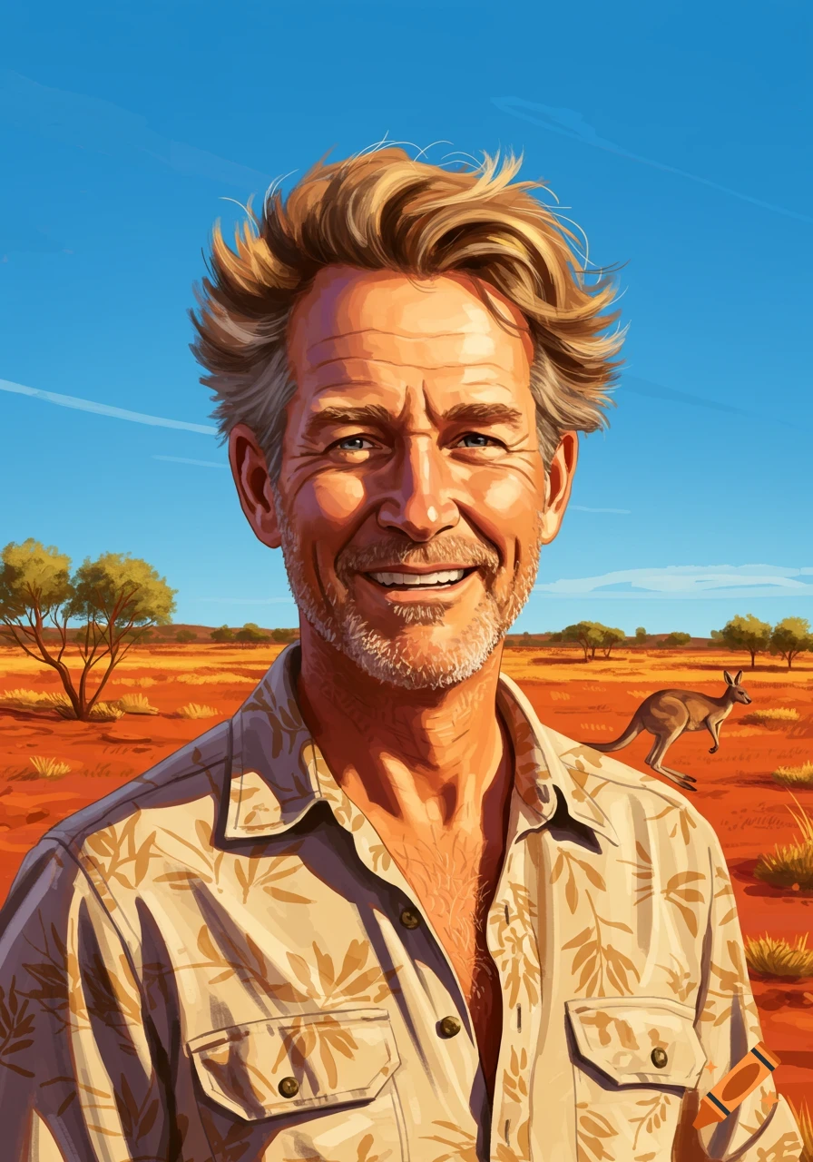 A smiling man with sandy hair and a beard in a patterned shirt stands in a red Australian landscape with a kangaroo, in a vibrant digital illustration style.