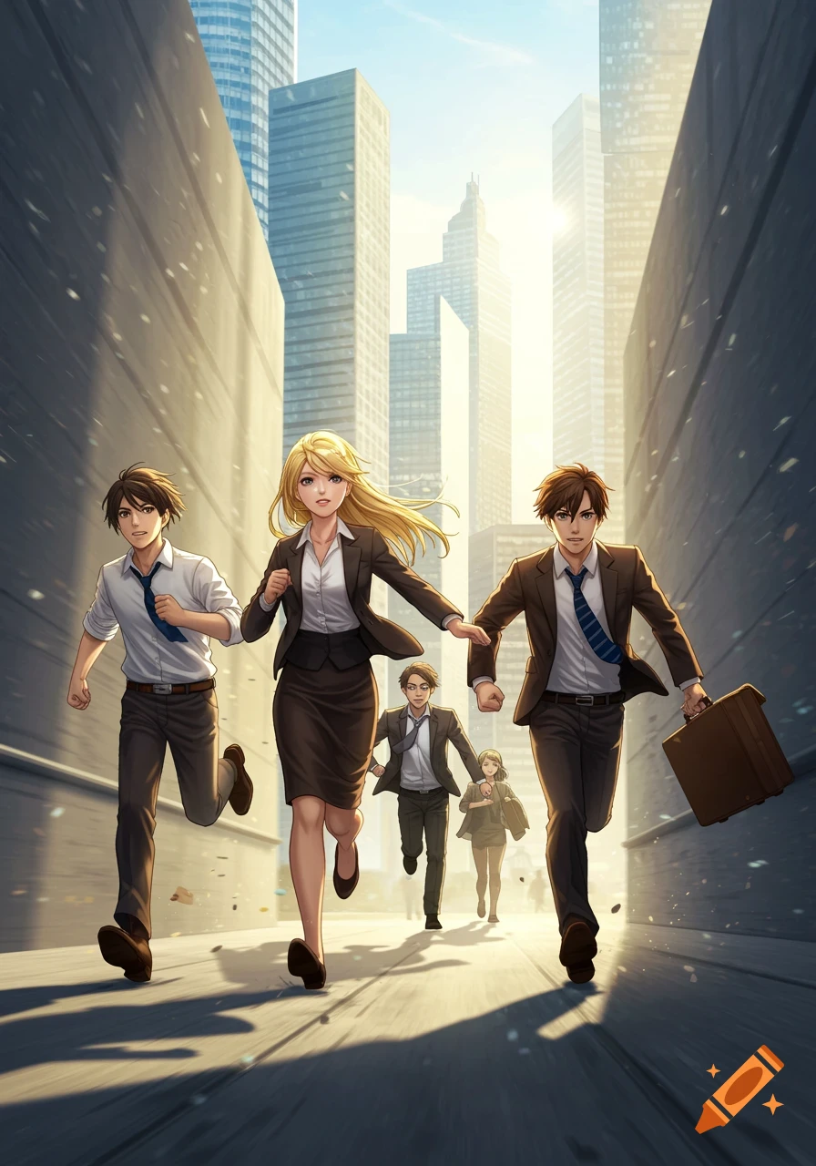 Anime style image of a group of business professionals running down a city street with tall buildings in the background.