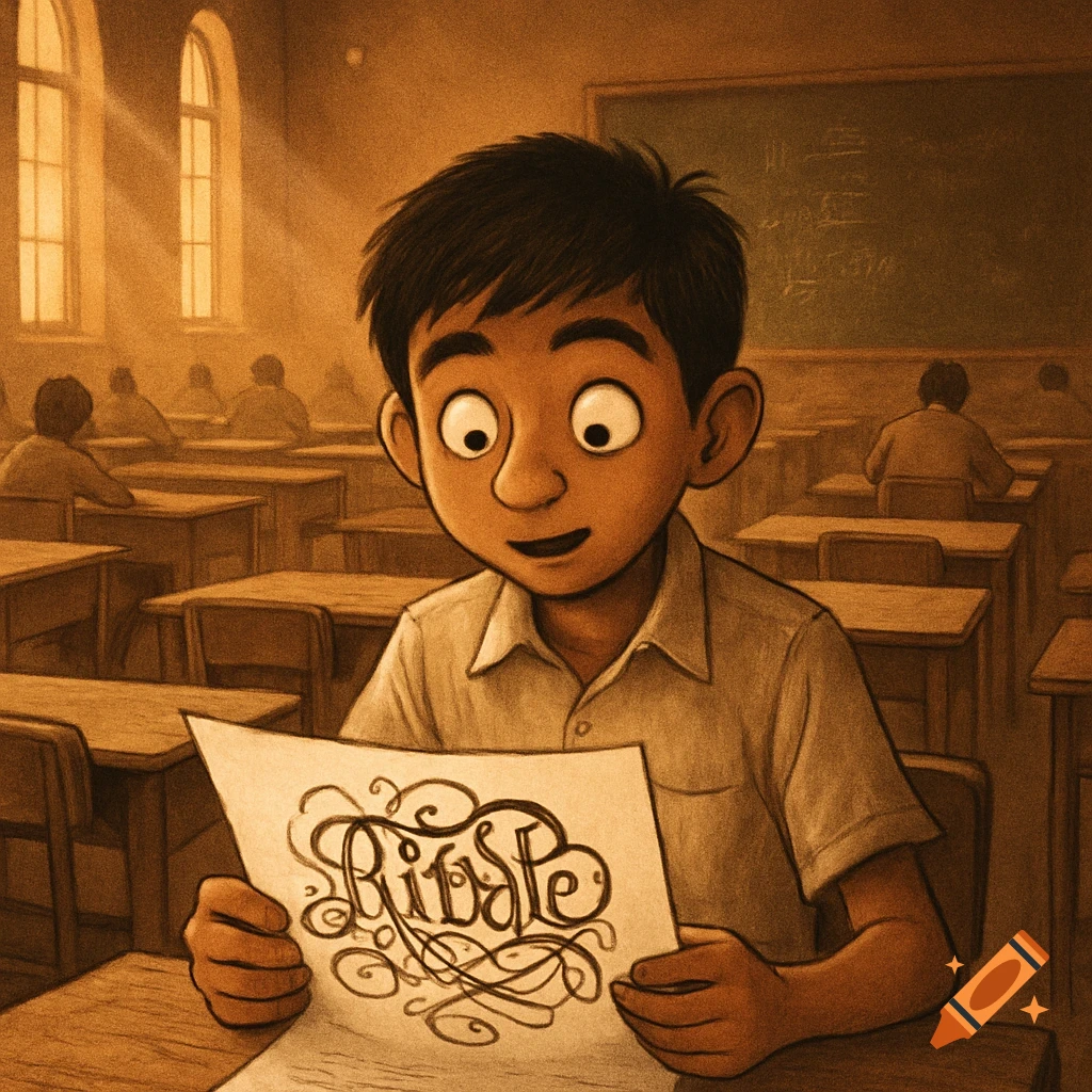 A cartoon boy with wide eyes sits at a desk in a sepia-toned classroom, looking at a paper with the word 'Riddle' in ornate script.