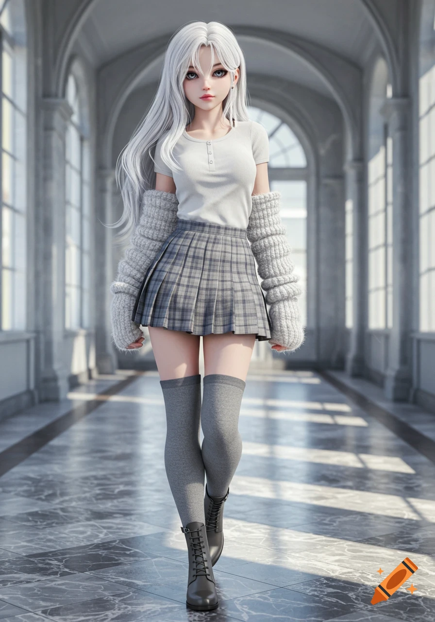 A stylized anime girl with long white hair, wearing a white shirt, plaid skirt, grey arm warmers, and boots, walks in an arched hallway.