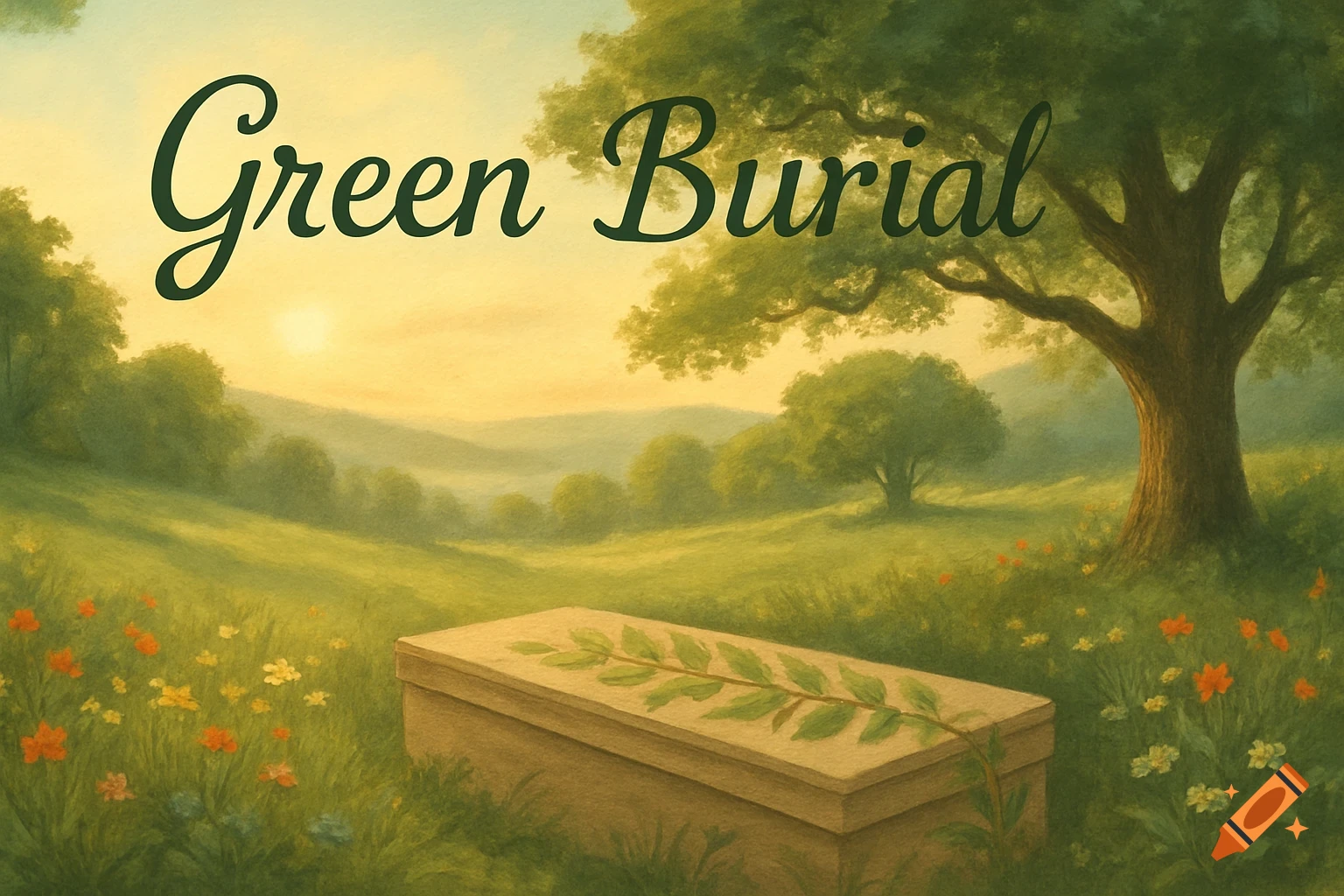 A serene painting depicts a wooden casket with a leafy branch on top, resting in a green meadow with wildflowers under a sunset sky. The text 'Green Burial' is at the top.