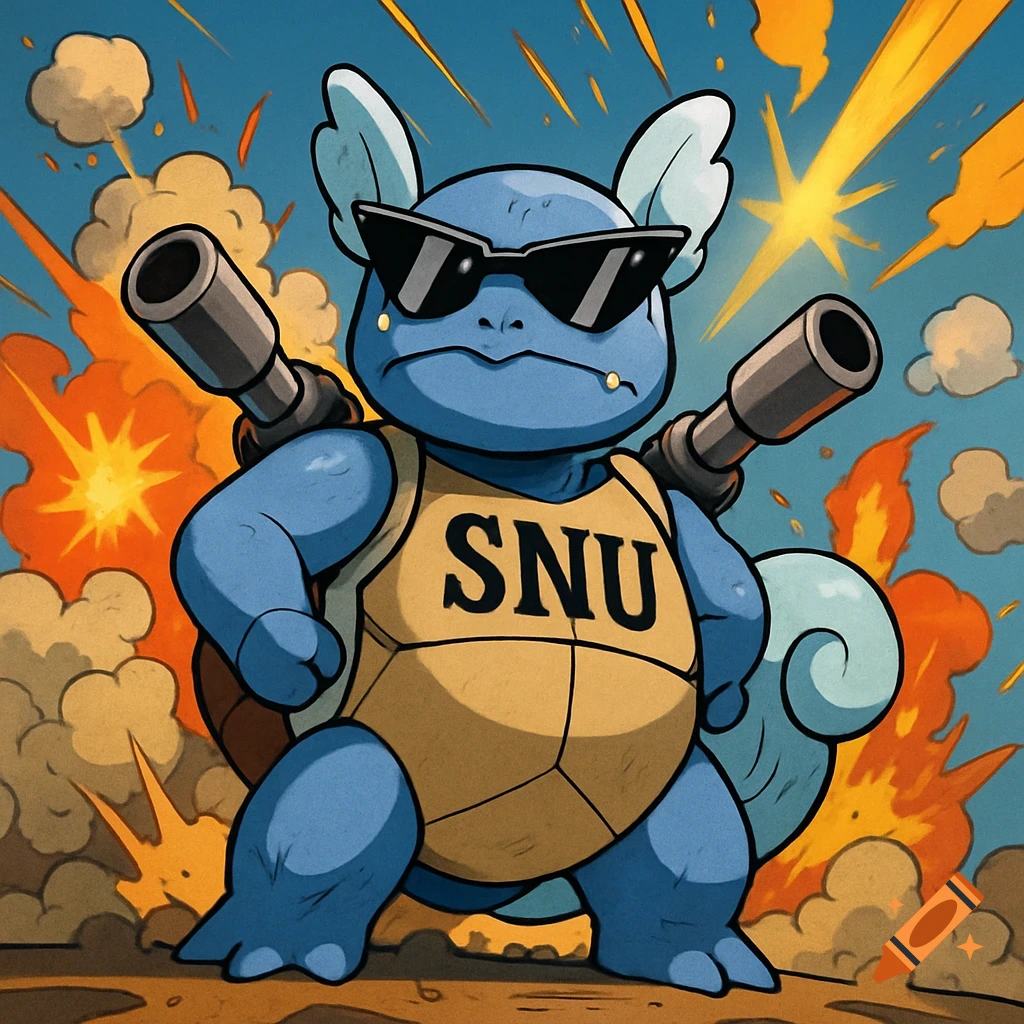 A blue Wartortle wearing sunglasses and a yellow tank top with "SNU" on it, wielding two water cannons, in a cartoon combat style with explosions in the background.