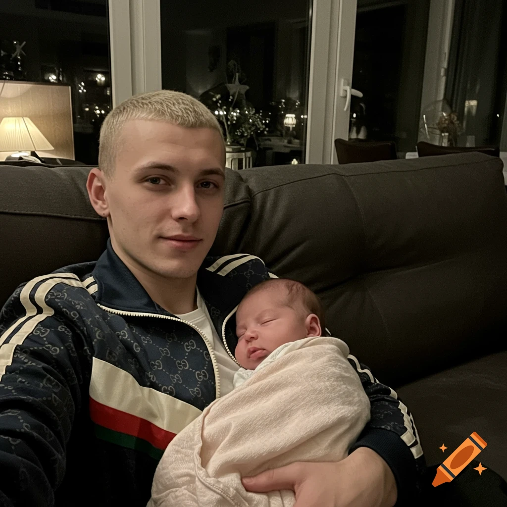 A man with a blonde buzzcut wearing a Gucci tracksuit jacket sits on a couch at night, holding a sleeping swaddled baby on his chest.
