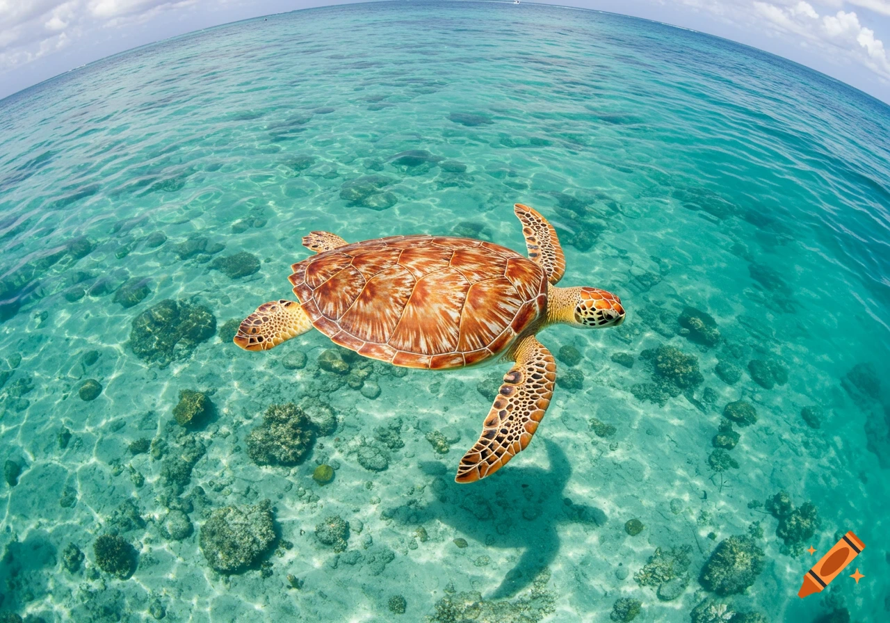 A loggerhead sea turtle swims above a rocky seabed in clear turquoise ocean water, viewed from directly above with a wide-angle lens.