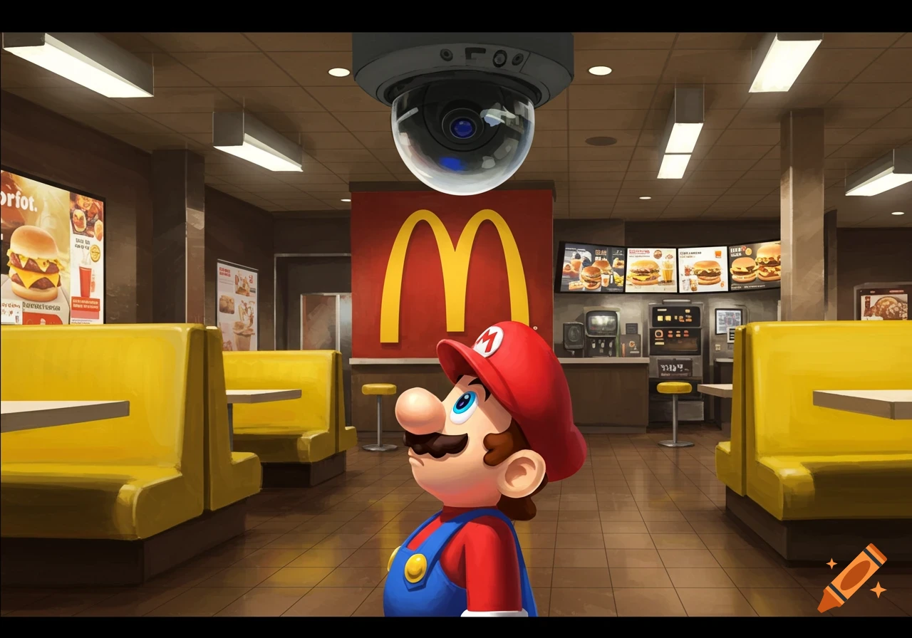 Mario looks up at a ceiling CCTV camera inside a McDonald's restaurant.