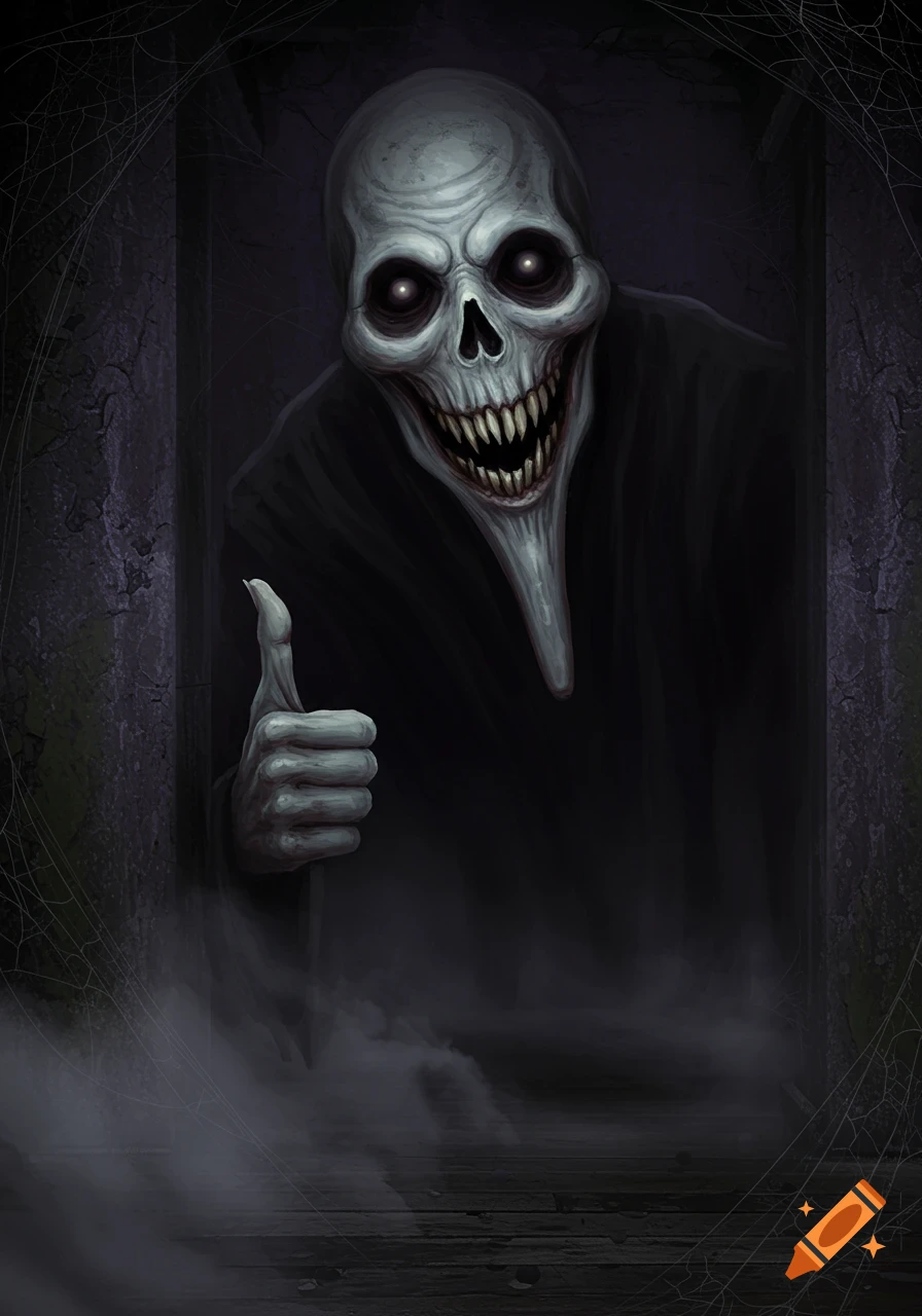A creepy skeletal figure with glowing eyes and sharp teeth gives a thumbs-up in a dark, misty doorway with cobwebs.