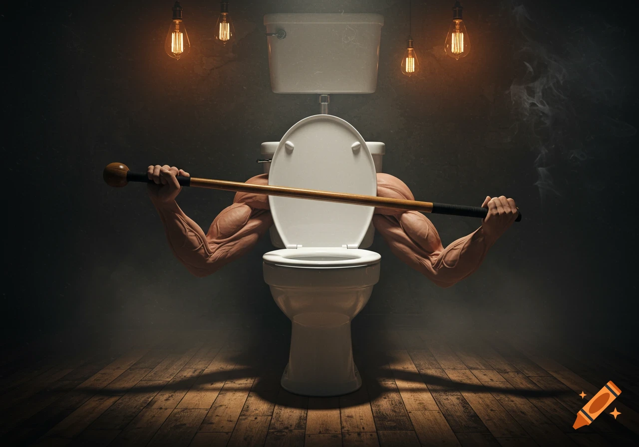A surreal image of a toilet with muscular human arms holding a bat, in a dimly lit room.