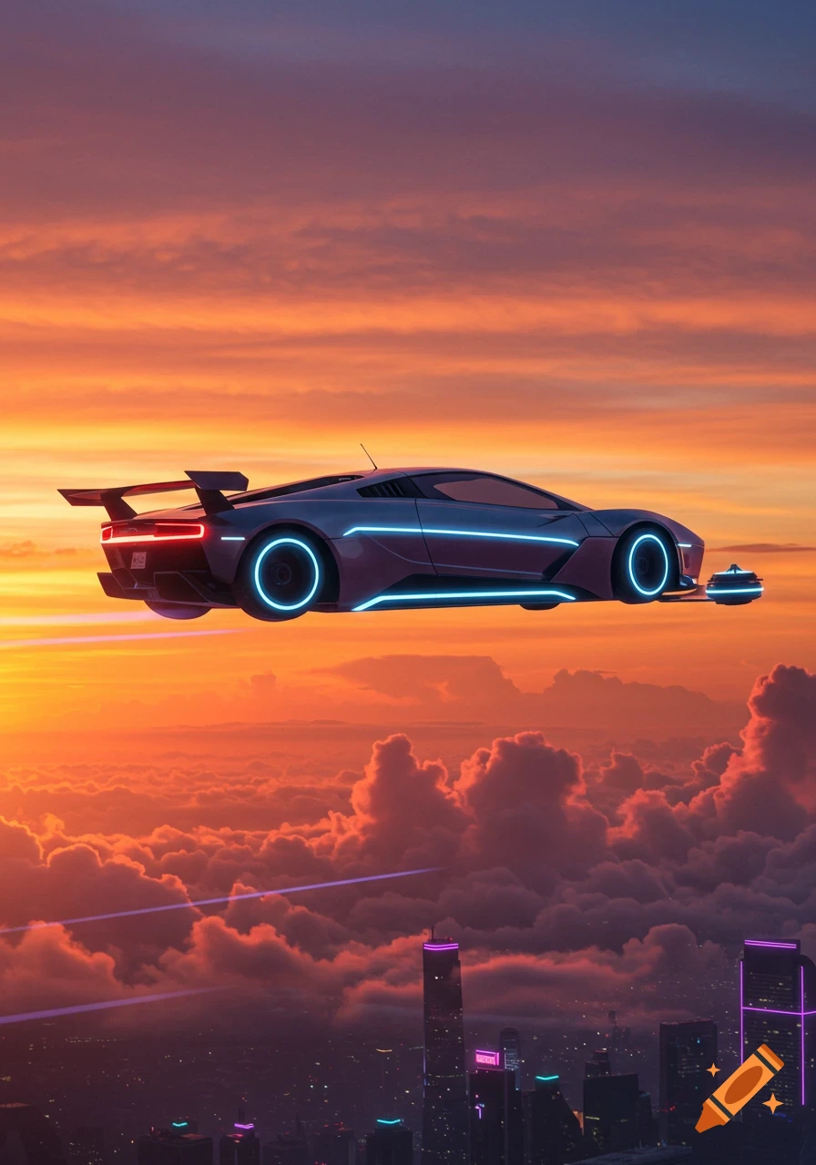 A futuristic grey hypercar with neon blue lights hovers above a city at sunset, with clouds below and around.