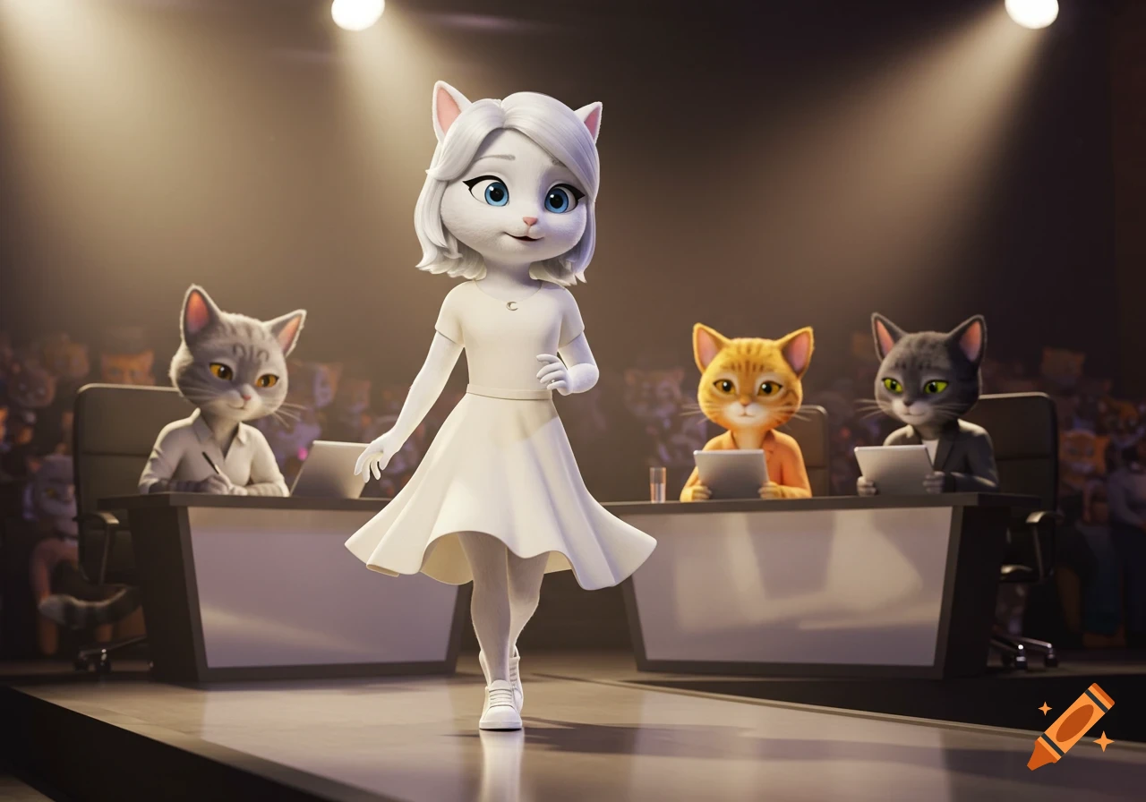 An anthropomorphic white cat models a white dress on a runway for three cat judges in a stylized 3D fashion show.
