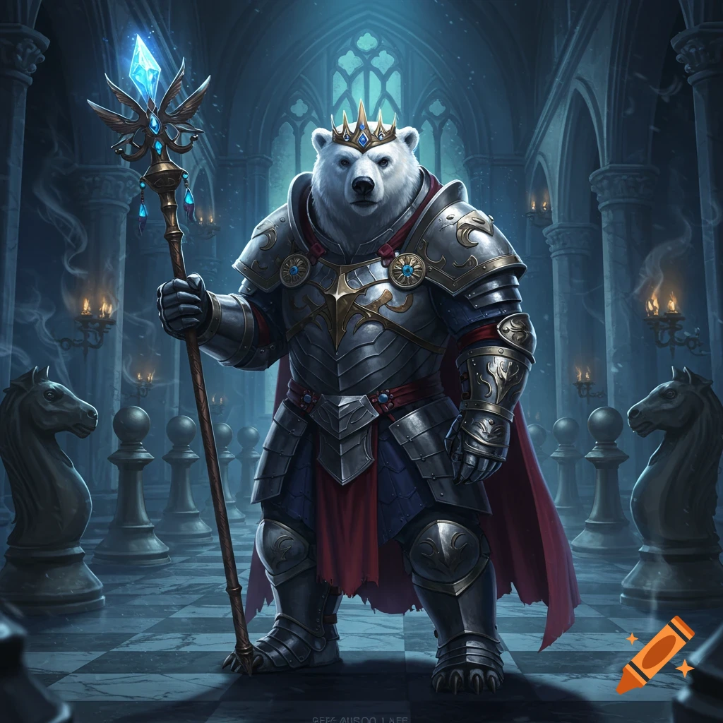 A regal polar bear in ornate knight armor and a crown stands holding a glowing staff in a dark, grand chess hall.