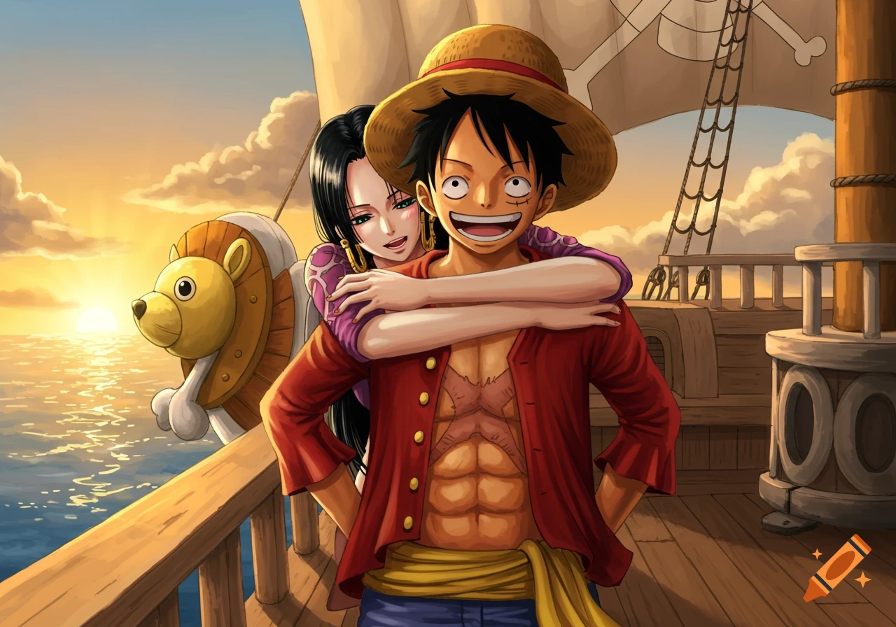 Anime characters Luffy and Hancock on a ship deck at sunset. Hancock embraces Luffy from behind, who smiles at the viewer.