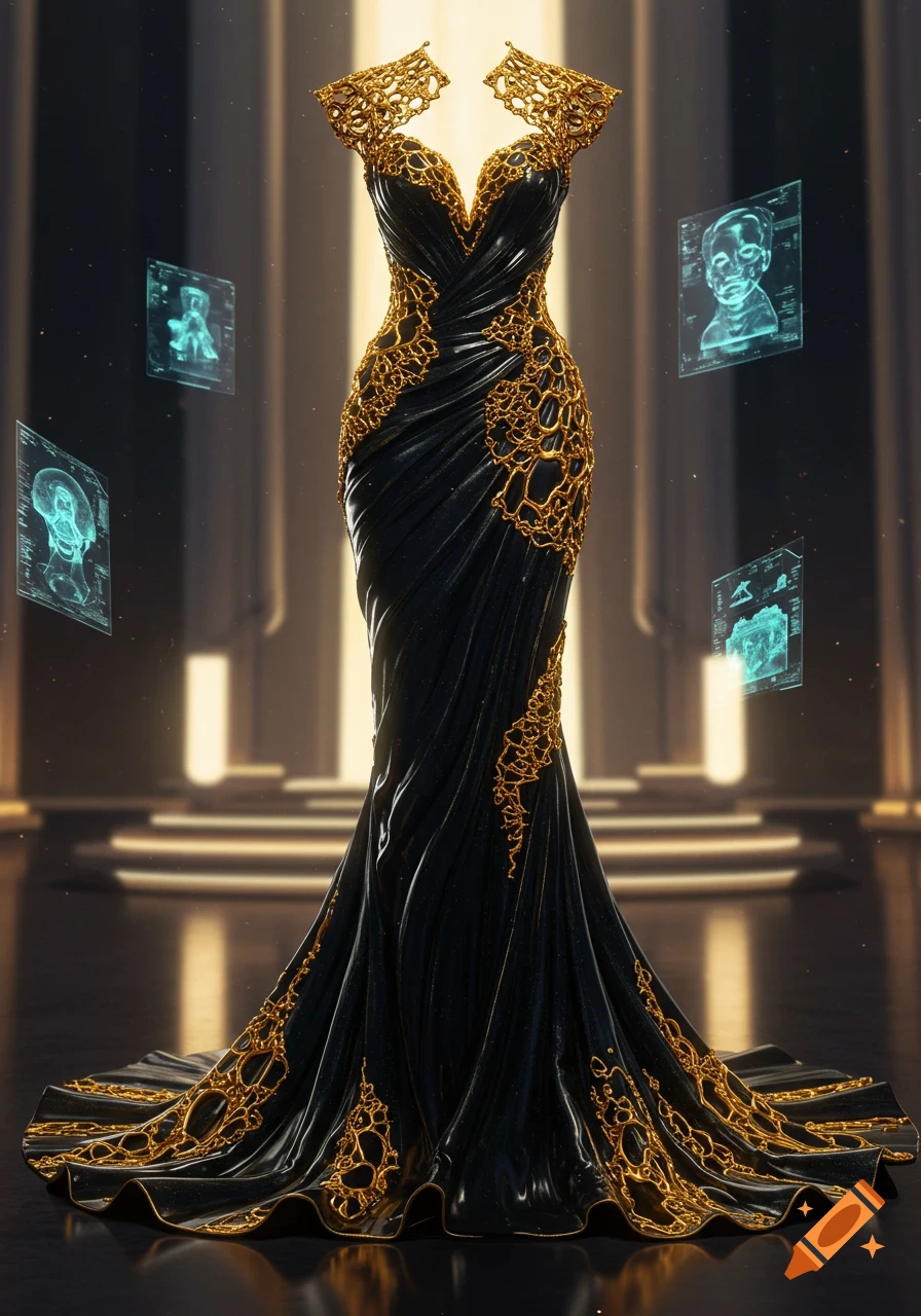 A futuristic black and gold gown with ornate gold lace, displayed in a grand hall with floating blue holographic screens.