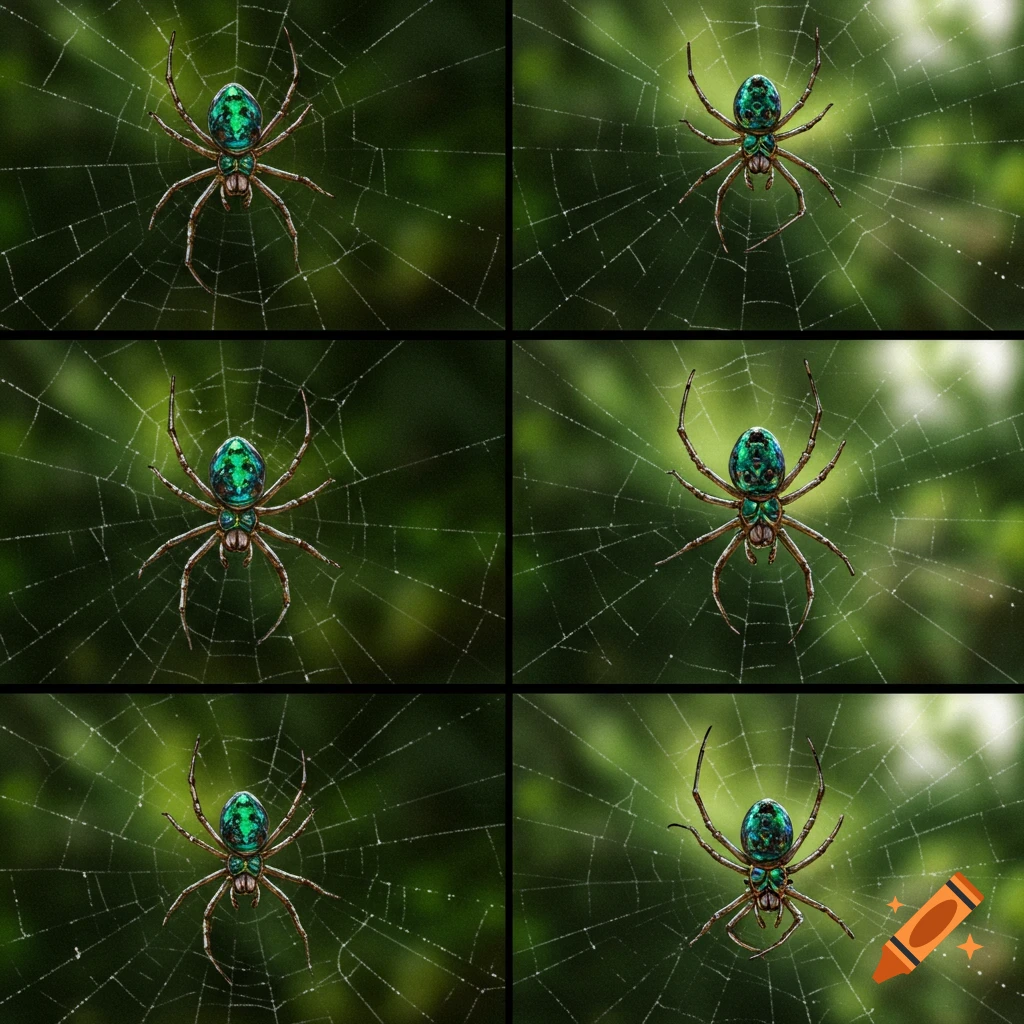 Six panels showing a green and brown spider on a web against a blurred green background.