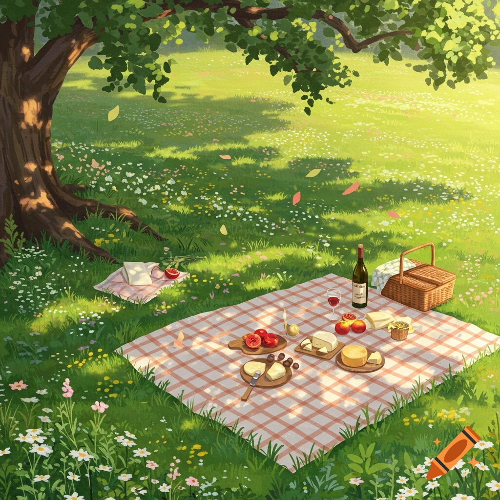 A stylized illustration of a picnic with wine, cheese, and fruit on a blanket under a tree in a sunny, flower-filled meadow.