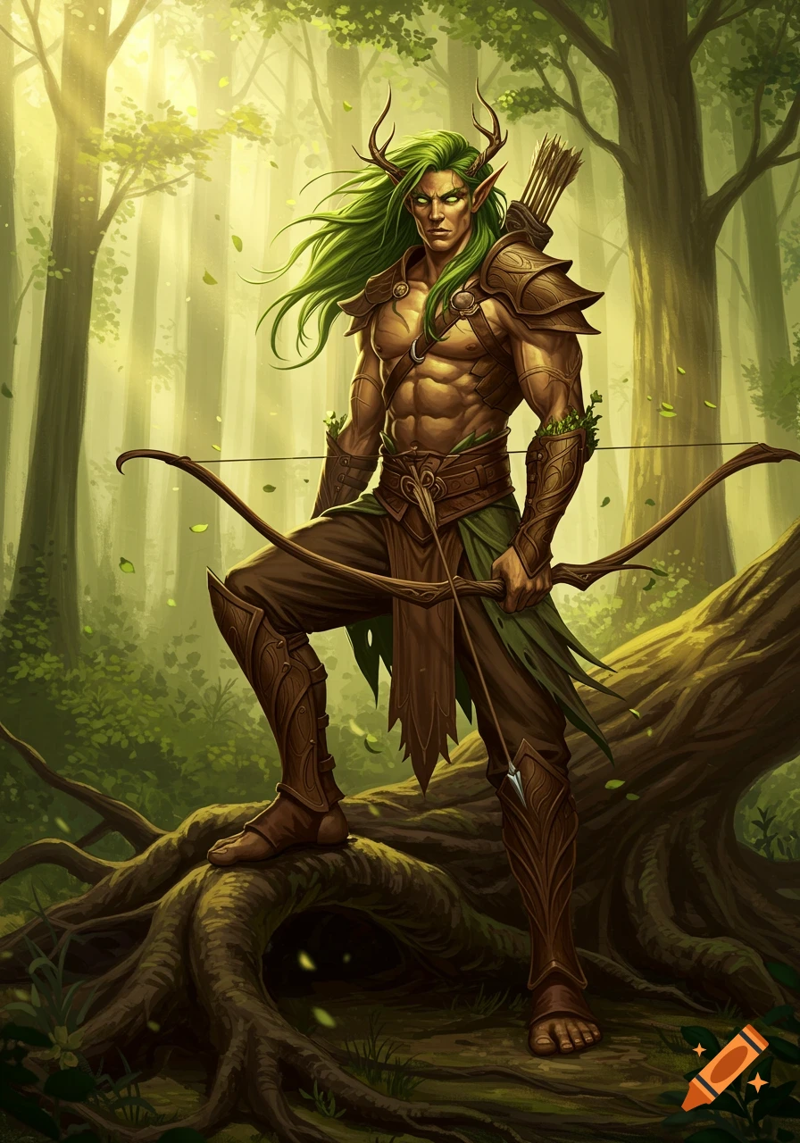 A muscular wood elf with green hair and antlers, wearing leather armor and holding a bow, stands in a sunlit forest.
