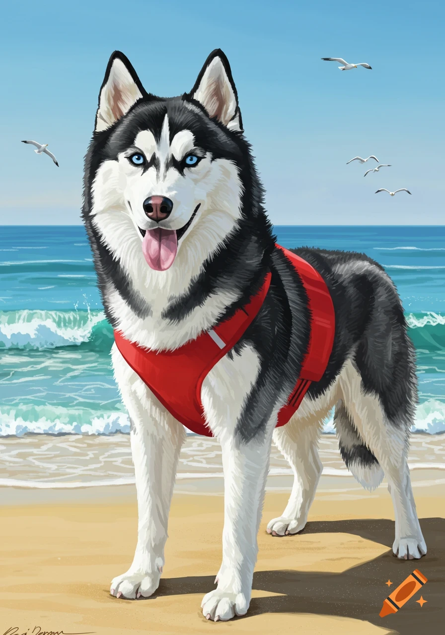 A black and white Siberian Husky in a red harness stands on a sandy beach with ocean waves and seagulls in the background. Painted.
