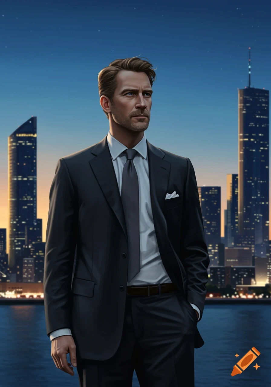 A Caucasian man in a suit stands against a city skyline at dusk, looking off to the side. Photorealistic style.