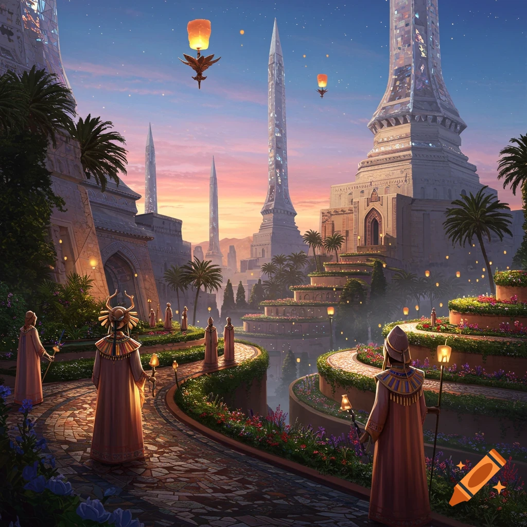 A fantastical cityscape at sunset with terraced gardens, towering spires, and figures in robes walking on pathways lit by lanterns.
