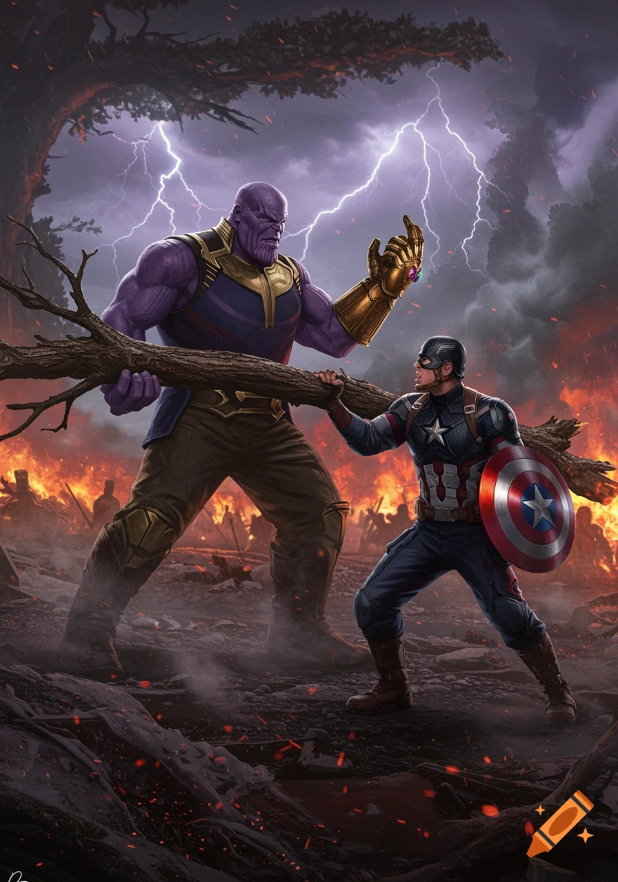 Thanos and Captain America grapple over a broken tree branch on a fiery battlefield under a stormy, lightning-filled sky in a dramatic comic book art style.