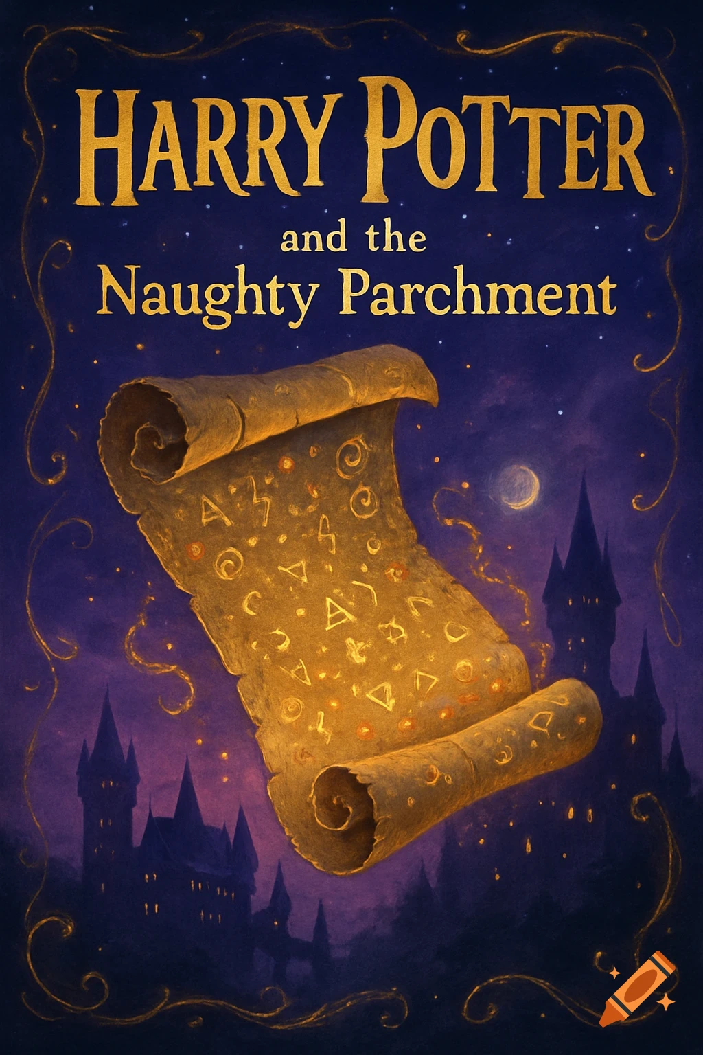 Book cover for 'Harry Potter and the Naughty Parchment' with a glowing magical scroll over dark castles at night.