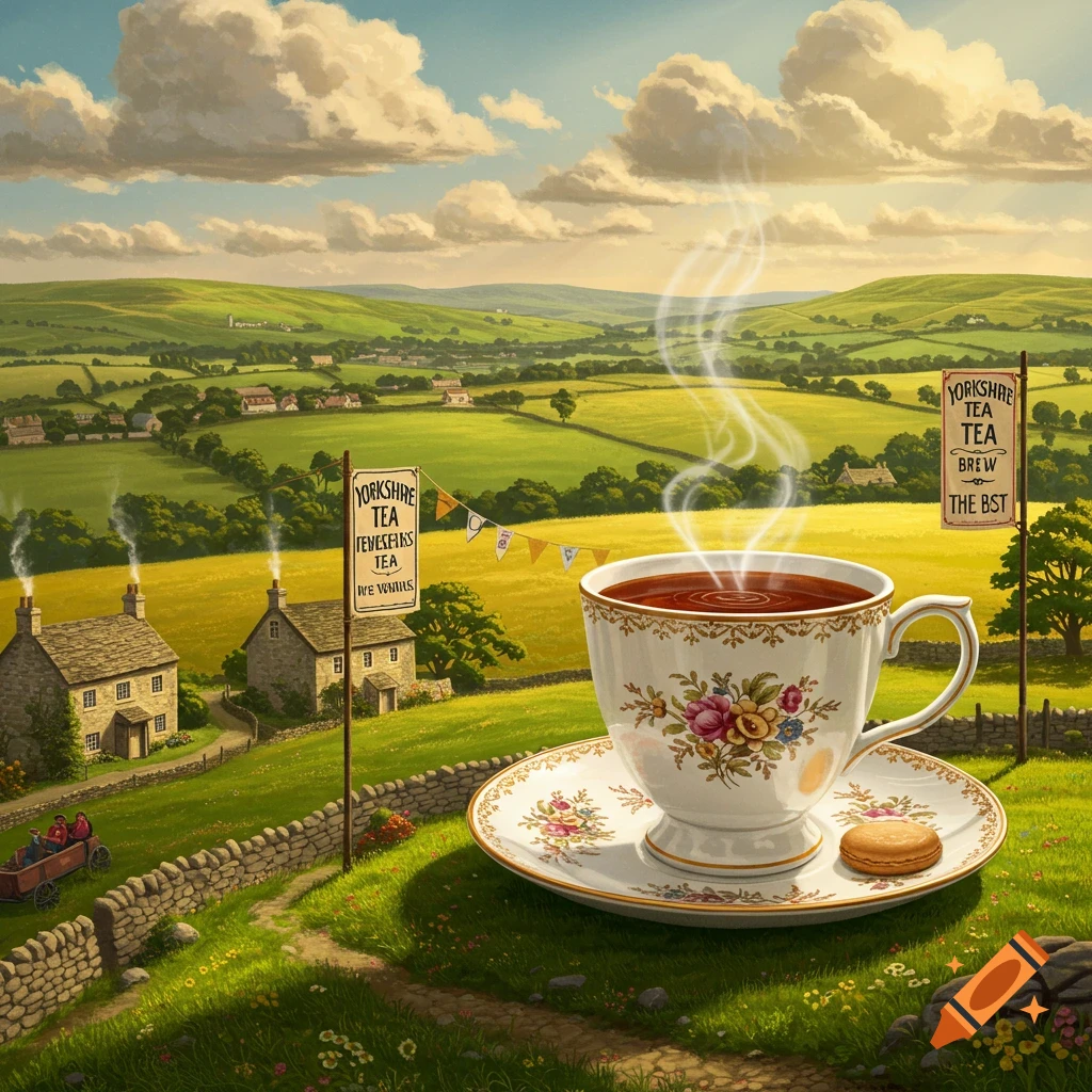 A vibrant illustration shows a teacup on a saucer in a lush green Yorkshire countryside with rolling hills, houses, and two signs for Yorkshire Tea.