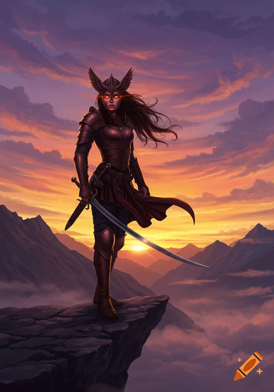 A female warrior in dark armor with glowing red eyes stands on a mountain cliff at sunset, holding a sword.