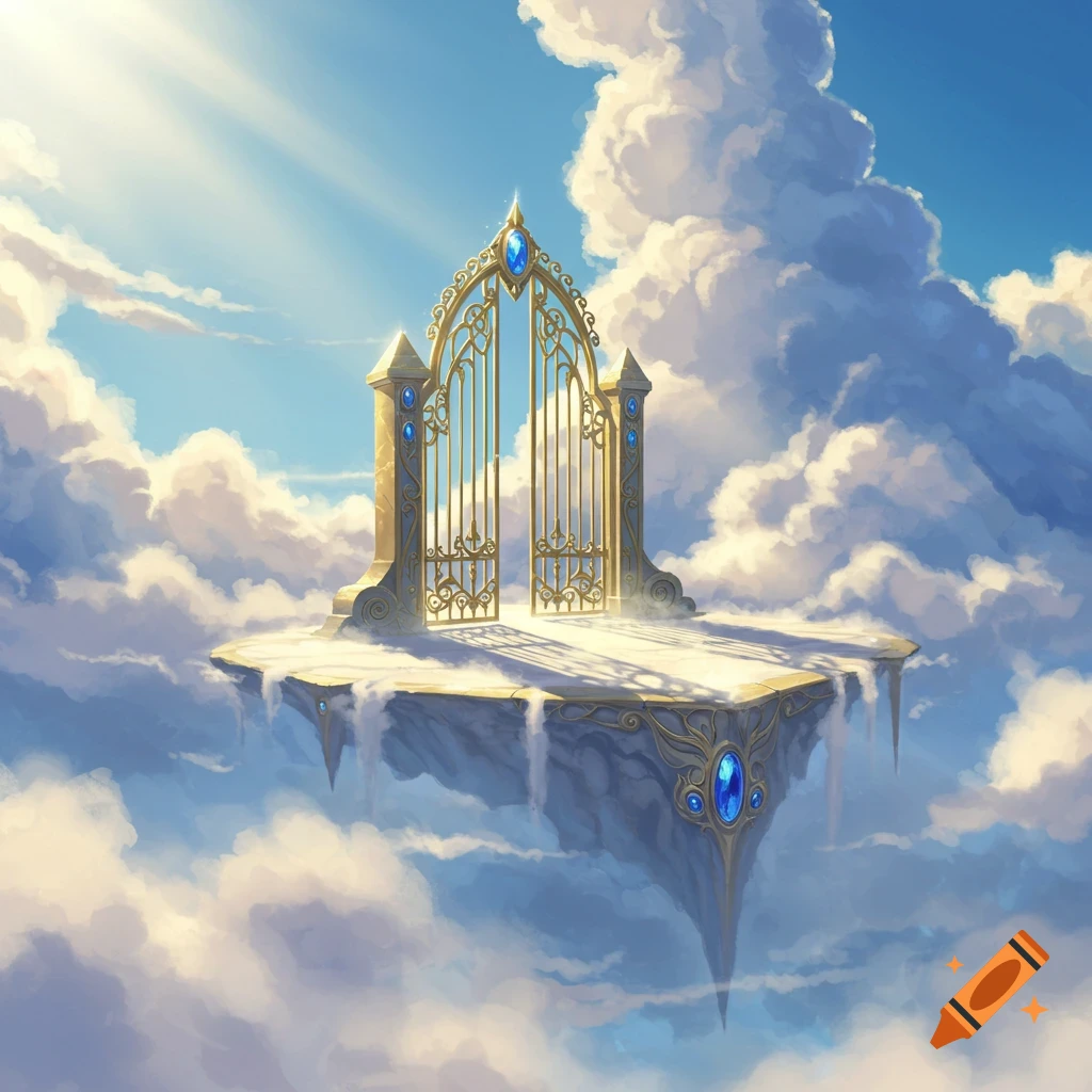 A majestic golden gate on a floating cloud platform in a bright blue sky with sun rays, rendered in a fantasy art style.