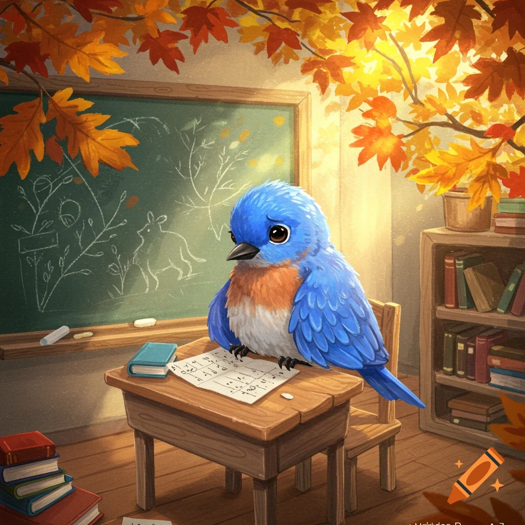 A blue bird with orange and white feathers sits at a school desk, looking sadly at a paper with numbers, surrounded by autumn leaves in a classroom.