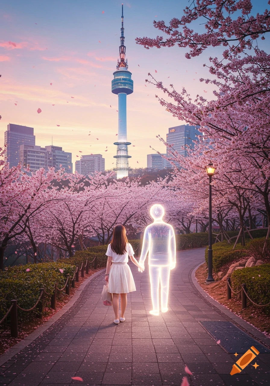 A young woman holds hands with a glowing, ethereal figure on a path lined with pink cherry blossom trees, with the N Seoul Tower and cityscape in the background at sunset.