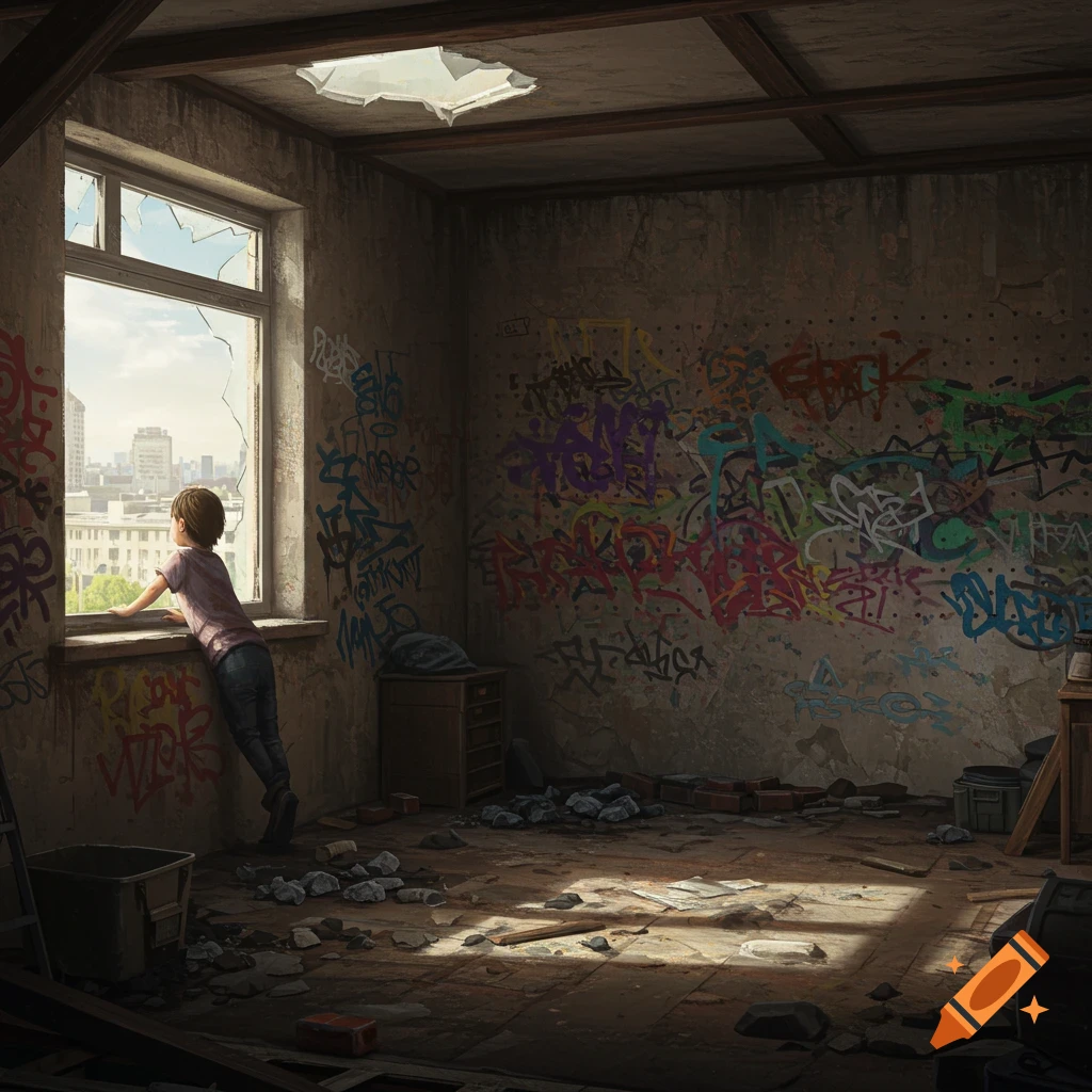 A child looks out a broken window in a dilapidated room covered in colorful graffiti, sunlight streaming onto the debris-strewn floor.