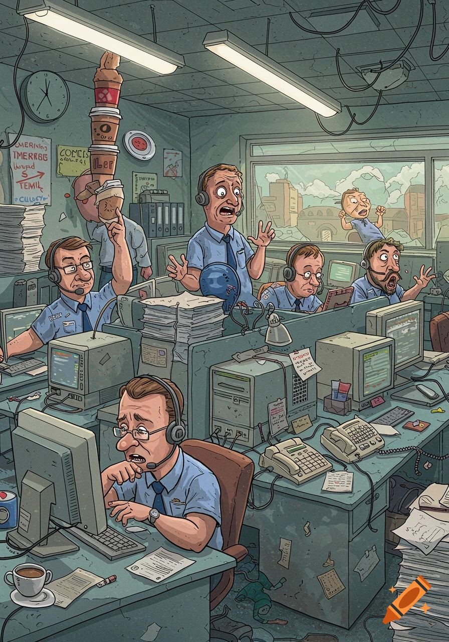 A chaotic, exaggerated cartoon illustration of a busy, messy call center with stressed employees and a baby outside the window.