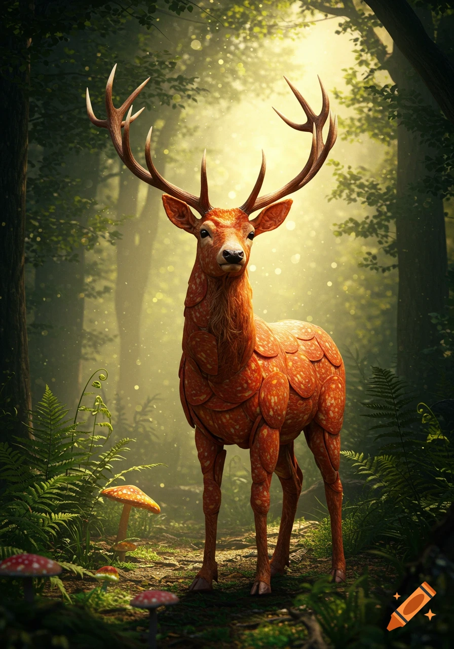 A deer with a body made of pepperoni slices stands in a sunlit, magical forest with red-capped mushrooms.