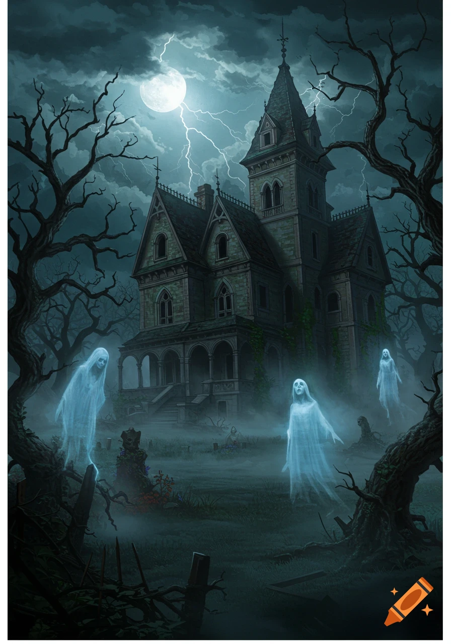 A spooky illustration of a haunted Victorian mansion under a stormy, lightning-filled sky with a full moon and ghostly figures.
