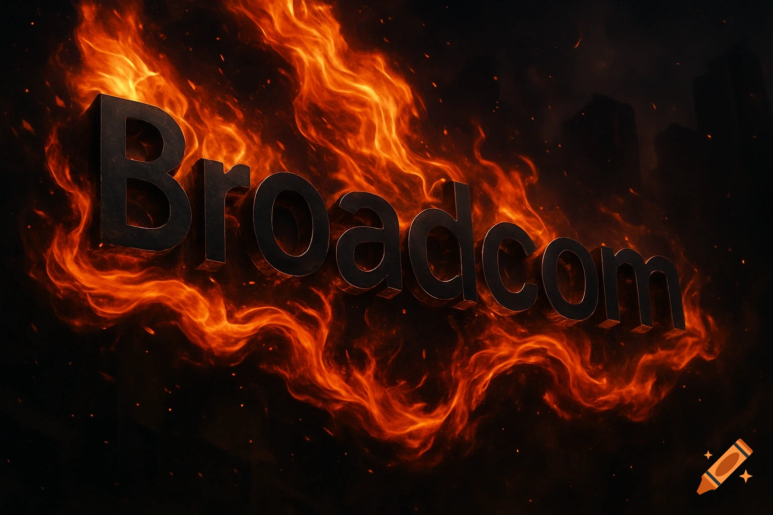 The word Broadcom in metallic 3D letters engulfed in bright orange and red flames with sparks.