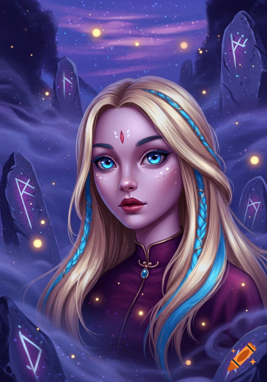 Stylized portrait of a woman with long blonde hair and blue braids, striking blue eyes, and a red gem on her forehead, surrounded by glowing rune stones under a starry night sky.