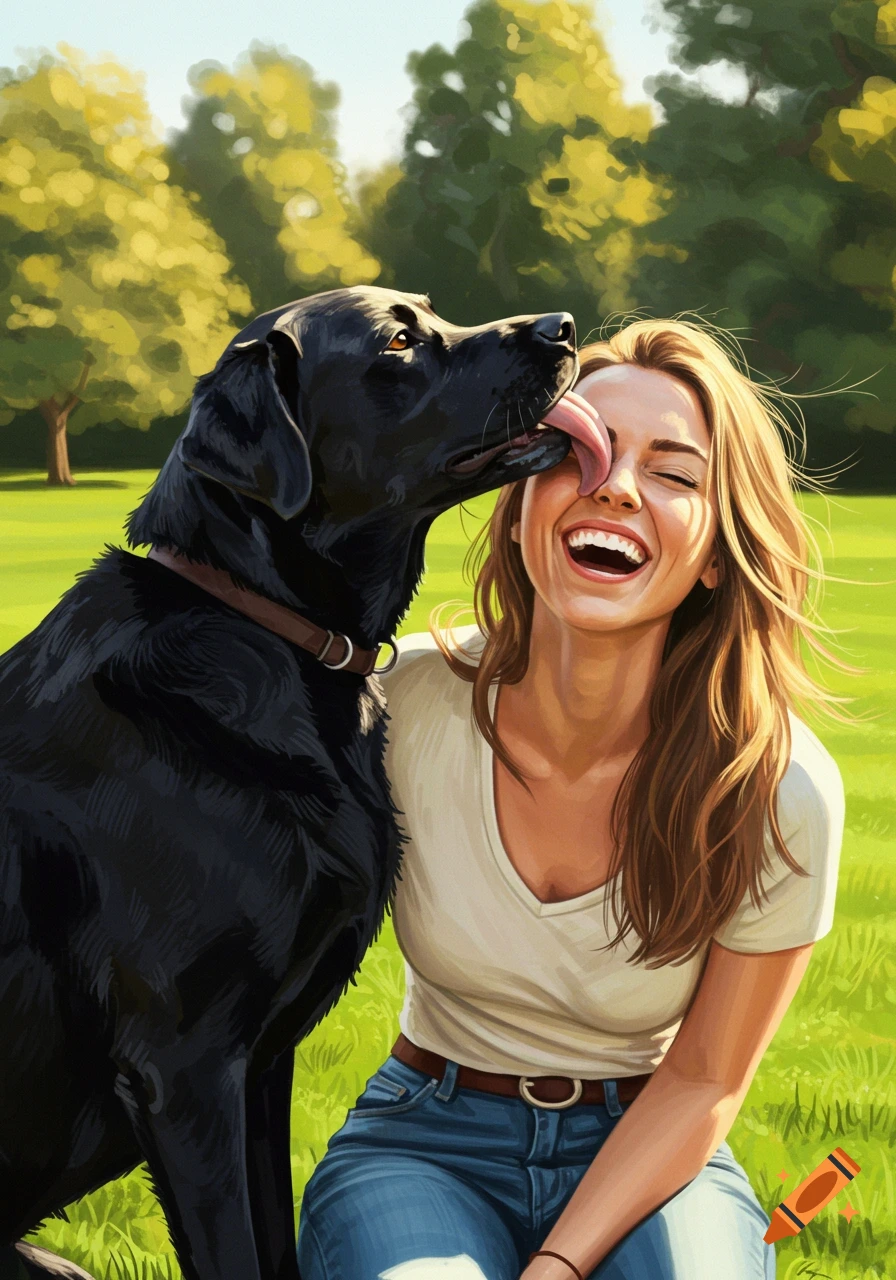 A black Labrador dog playfully licks the face of a laughing woman in a sunny park, rendered in a painterly style.