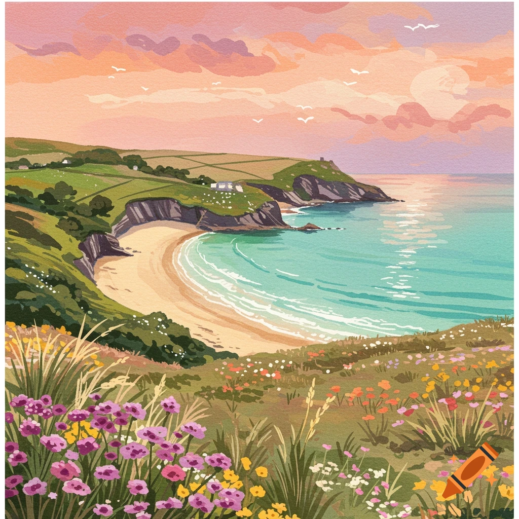 A vibrant watercolor illustration of a bay with a sandy beach, turquoise water, green cliffs, and colorful wildflowers in the foreground, under a pastel sky.