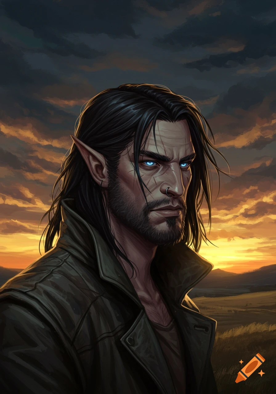 A digital painting of a rugged fantasy man with long black hair, pointed ears, scars, and glowing blue eyes, against a sunset sky.