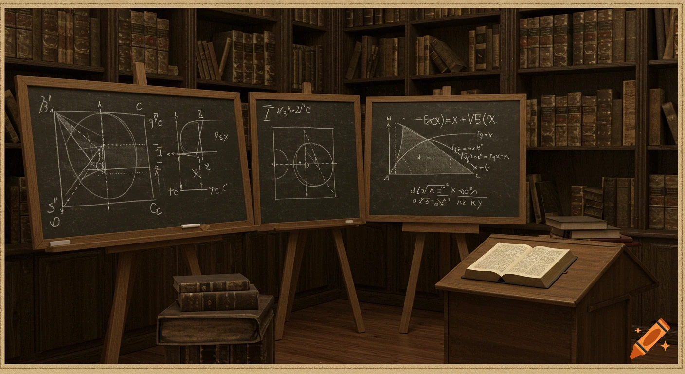 A vintage-style library room with three chalkboards displaying mathematical equations, shelves of old books, and an open book on a wooden lectern.