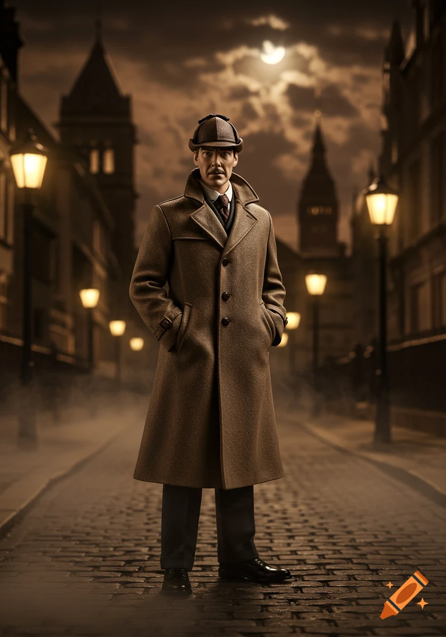 A man resembling a detective in a long coat and deerstalker hat stands on a foggy, cobblestone street at night.
