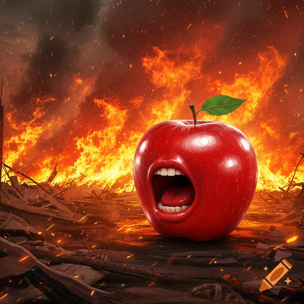 A red apple with a screaming human mouth in a fiery, chaotic warzone.