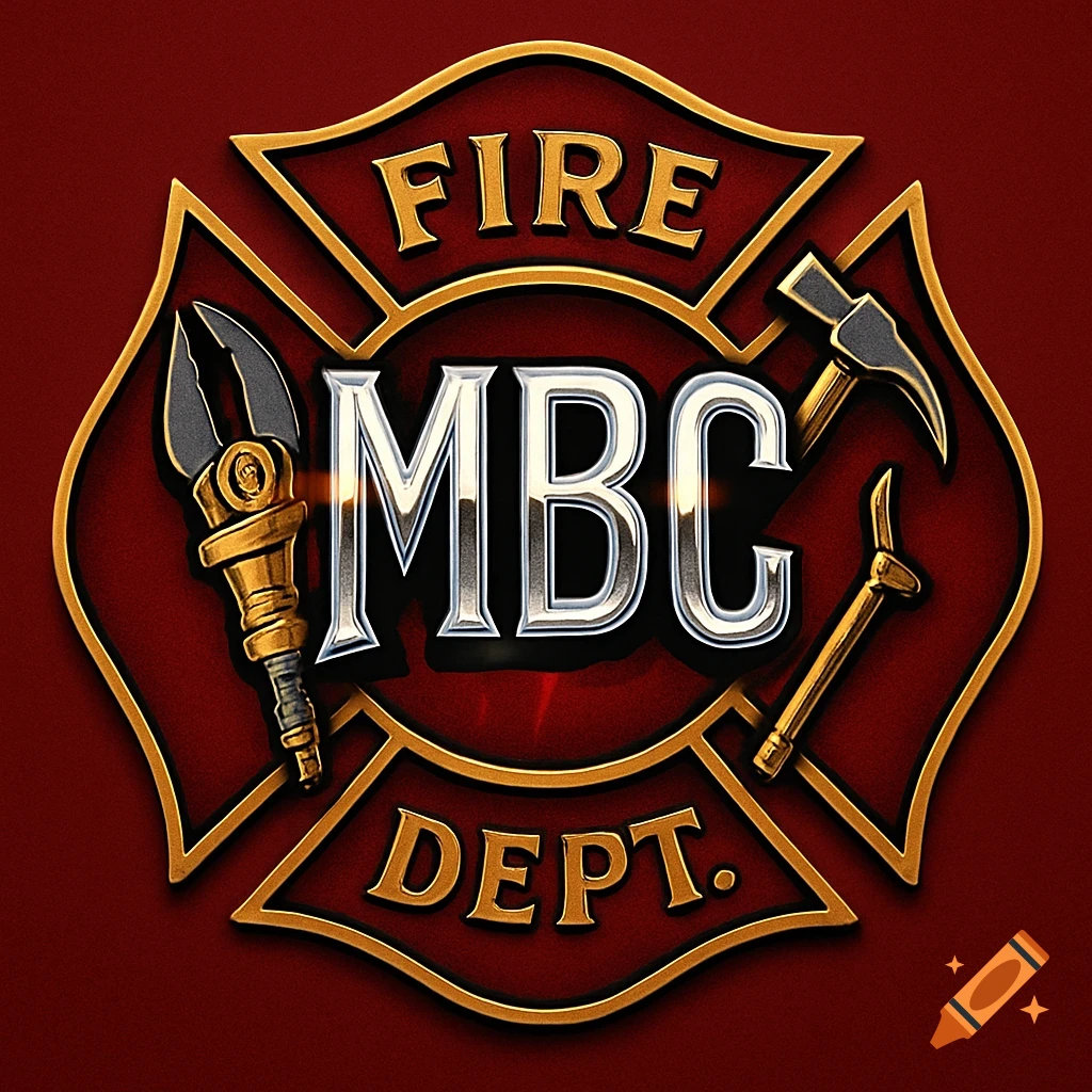 A detailed, golden and silver fire department emblem featuring "FIRE", "MBC", "DEPT.", Jaws of Life, and a Halligan tool.