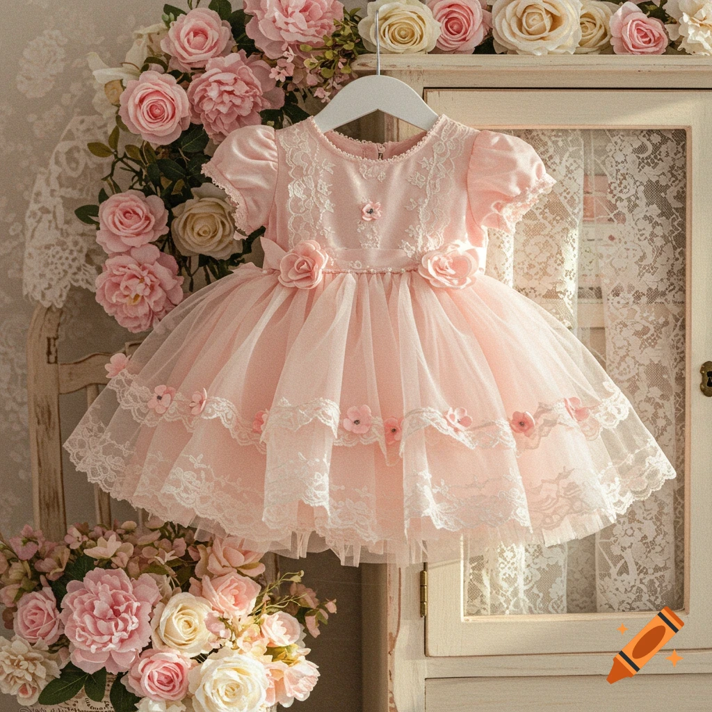 A beautiful pink baby dress made of lace and tulle, adorned with small pink flowers, hanging among pink and white roses.