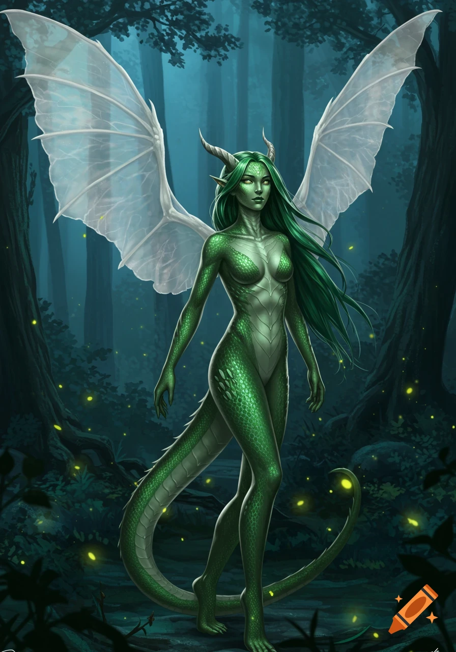 A green-skinned humanoid dragon hybrid with large white wings and horns stands in a dark forest with glowing fireflies.