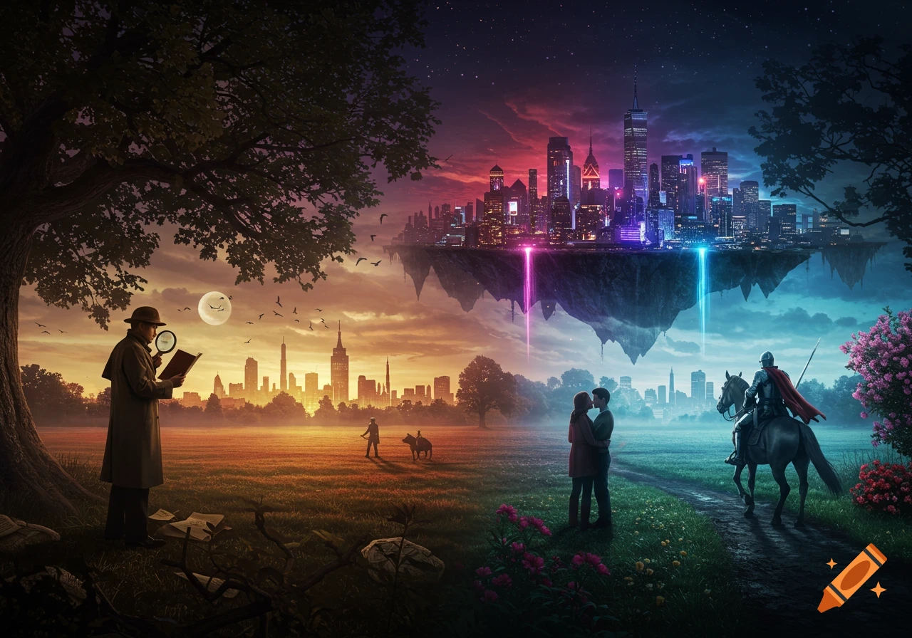 Surreal landscape depicting a detective, floating city, romantic couple, and knight on horseback, symbolizing literary genres.