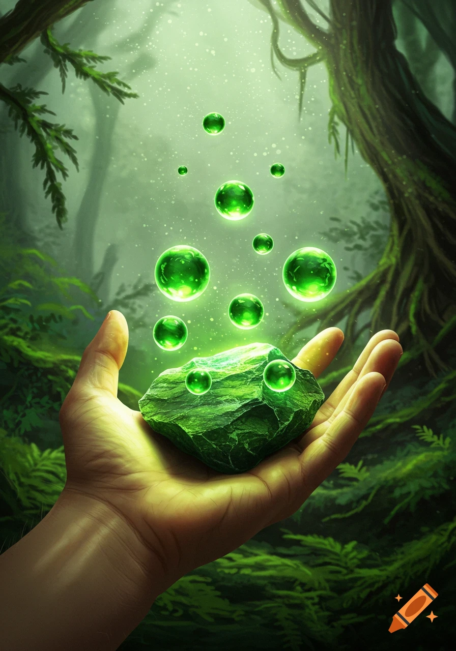 A hand holds a glowing green rock, with luminous green orbs floating above it in a mystical, lush green forest.
