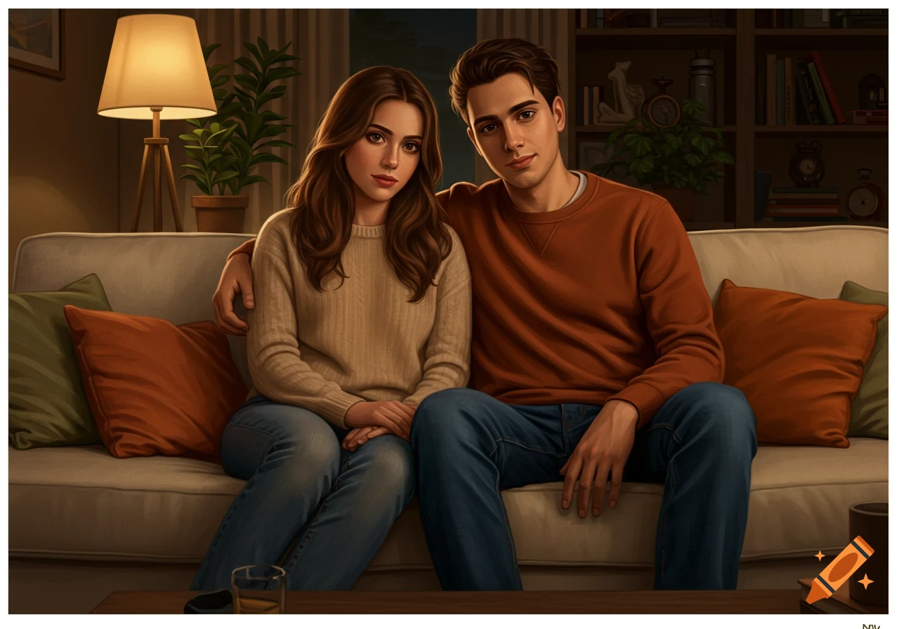 A young man and woman sit closely on a couch in a cozy, warm-lit living room.