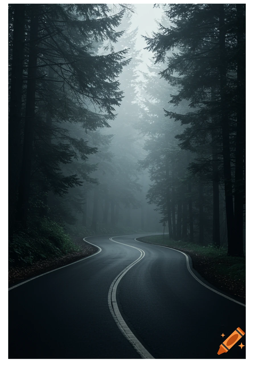 A winding dark asphalt road cuts through a dense, misty evergreen forest.